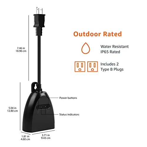 Amazon Basics Outdoor Smart Plug with 2 Individually Controlled Outlets, Works with Alexa Only, Voice Control, Weather Resistant, 2.4 GHz Wi-Fi, No Hub Required, Black