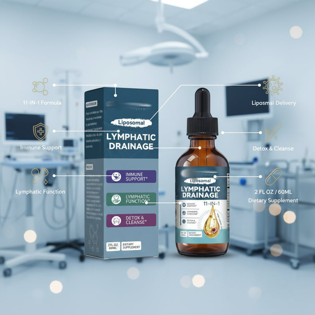 Liposomal Lymphatic Drainage supplement bottle and packaging on a white background
