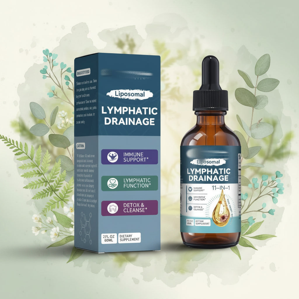 Liposomal Lymphatic Drainage supplement bottle and packaging on a white background