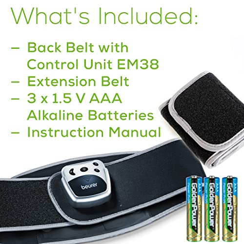 Lower Back Pain Relief Belt, Beurer EM38, TENS Unit Muscle Stimulator | 4 Electrodes | Adjustable & Breathable | Women & Men | Fits 30”-55” Waist | Lower Back Support, Lumbar Support, Back Brace Belt