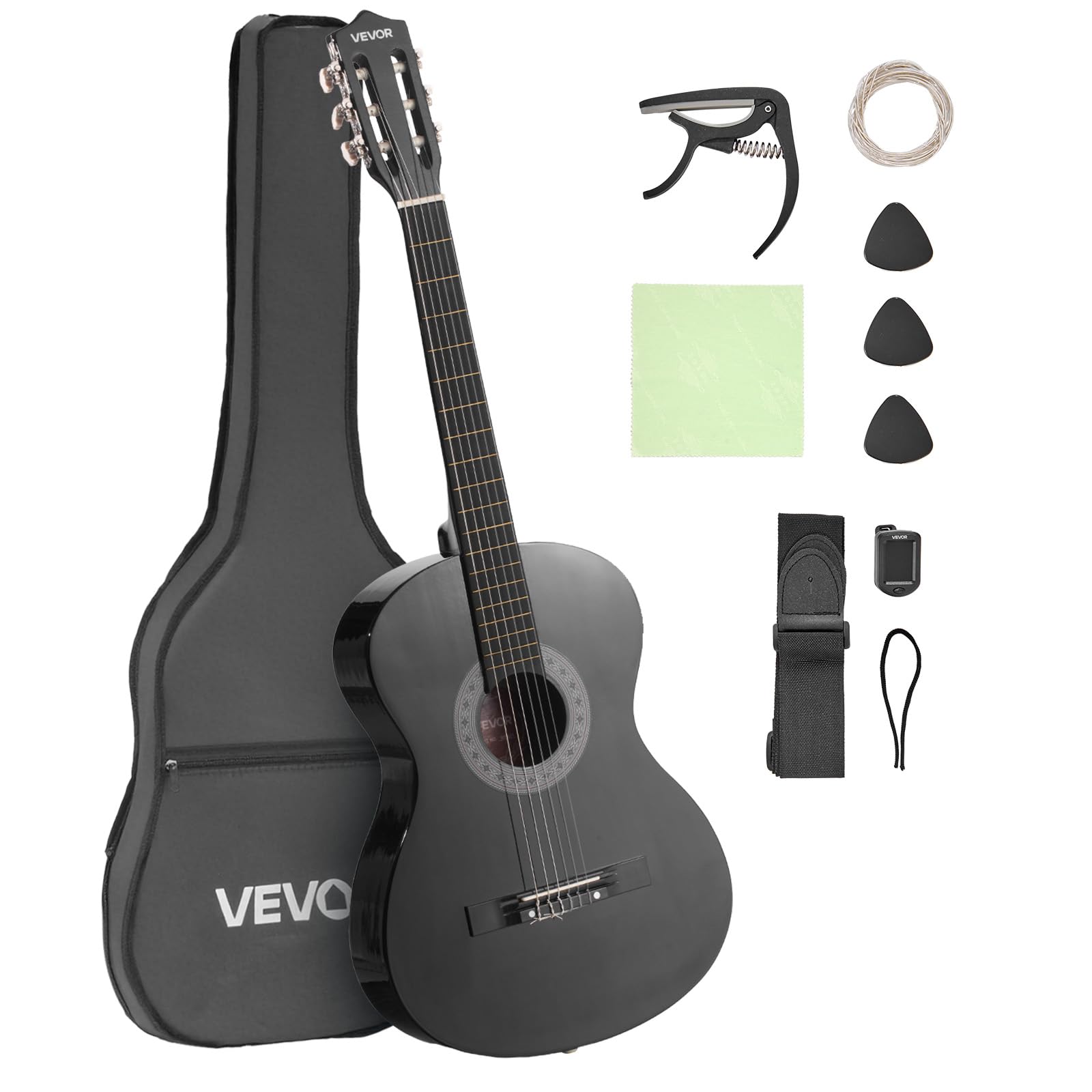 VEVOR 38 Inch Beginner Acoustic Guitar, Classical Guitar Full Starter Kit with Nylon Strings, Gig Bag, Strap, Tuner, Extra Strings, Pick, Capo, for Teenagers Adults Students Youth, Black