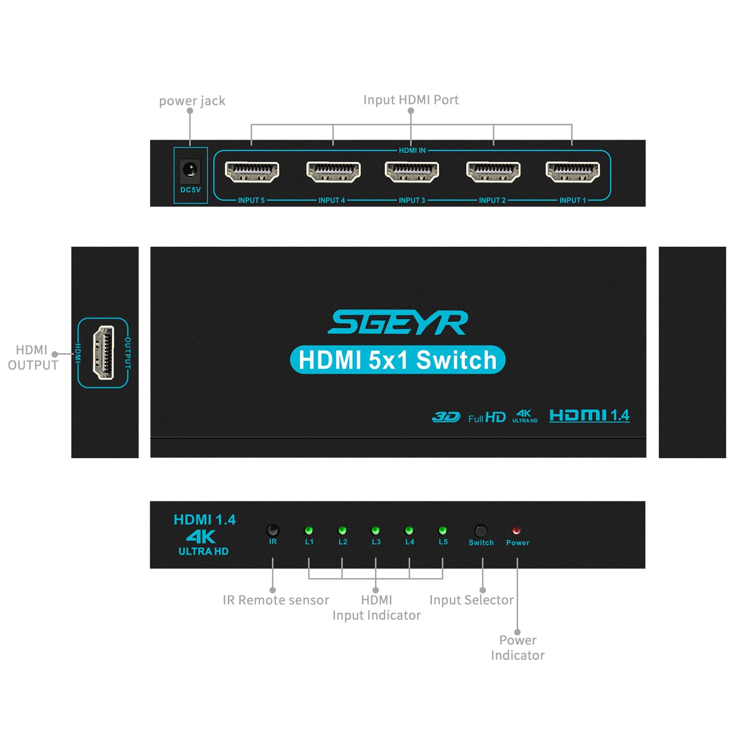 HDMI Switch SGEYR 5x1 HDMI Switcher 5 in 1 Out HDMI Selector 5 Port Box with IR Remote Control HDMI 1.4 HDCP 1.4 Support 4K@30Hz Ultra HD 3D 2160P 1080P