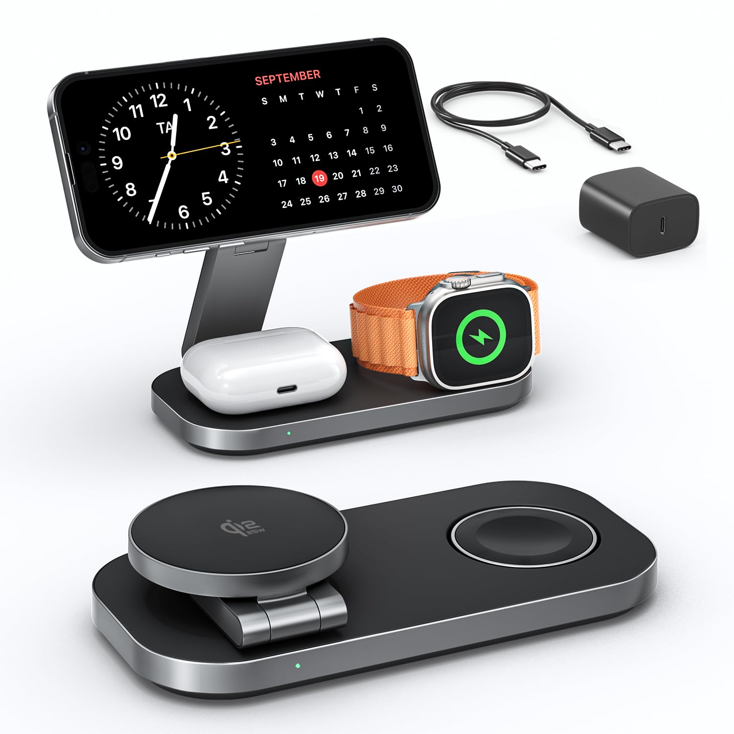 3-in-1 Charging Station for Apple Device, Qi2 25W Certified Magnetic Wireless Foldable Fast Charger Stand Compatible with MagSafe for iPhone 17e/17/16/15/14/13/12/Air Series, Apple Watch & AirPods