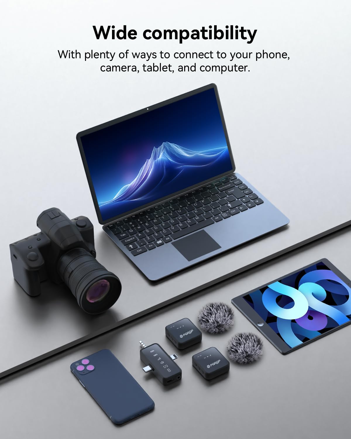 PQRQP 3 in 1 Microphone for iPhone/Android/Camera, Wireless Microphones, 328ft Transmission, 18H Battery Life, Mini Microphone for Record Interview, Vlogs, Tiktok