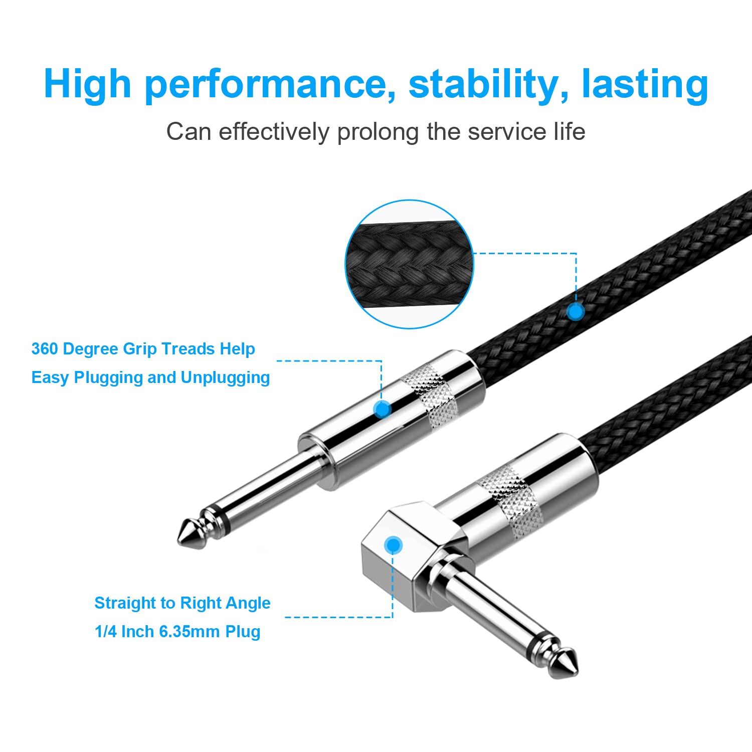New Bee Guitar Cable 10ft Electric Instrument Bass AMP Cord for Electric Mandolin, Pro Audio (Right Angle to Straight, Black)