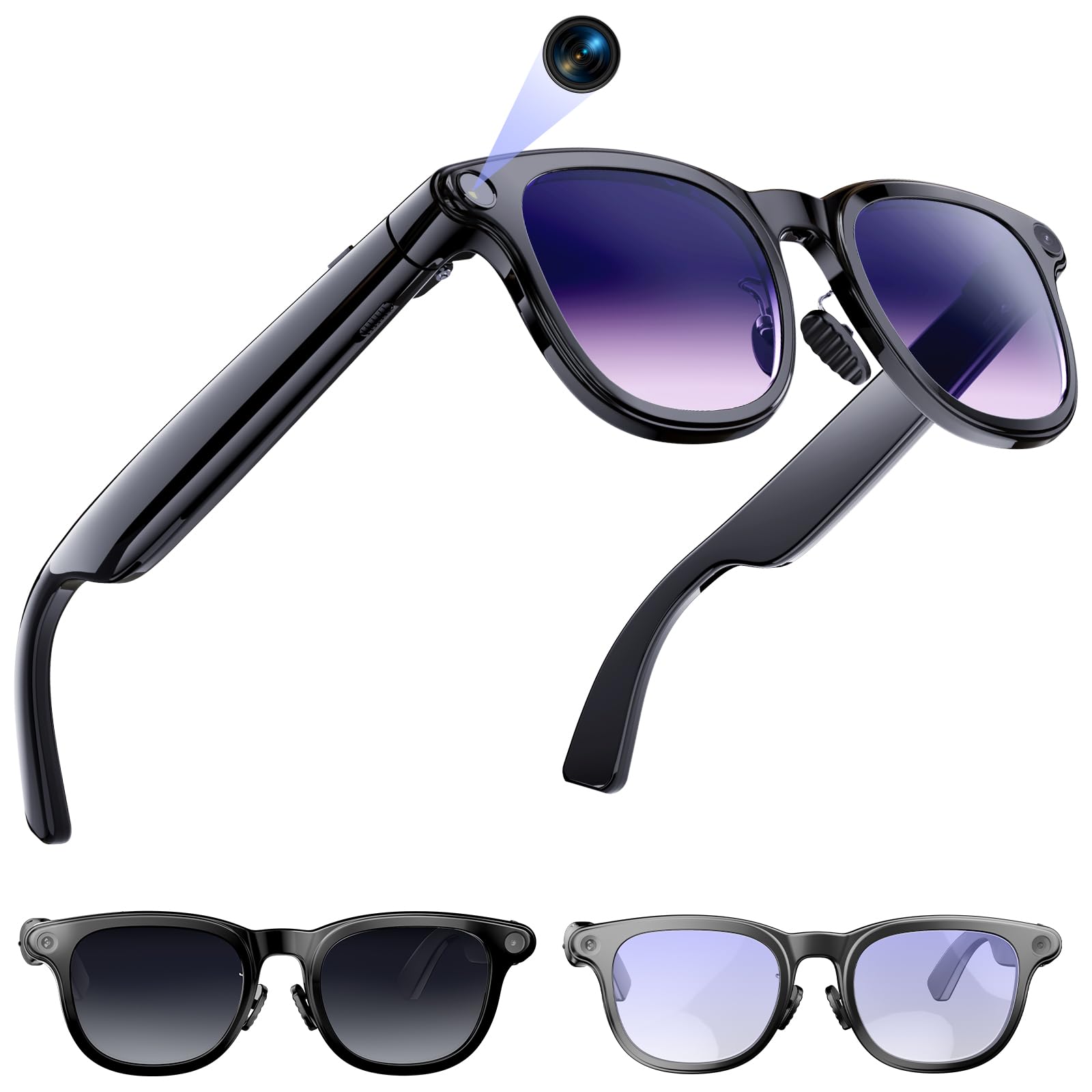 AI Smart Glasses with Camera, 8MP Camera Glasses, 4K HD Video Recording Glasses, AI Sunglasses with Cameras, 3 Lenses, Bluetooth Glass,Real Time Translation, ChatGPT AI Voice Assistant, Open-Ear Audio