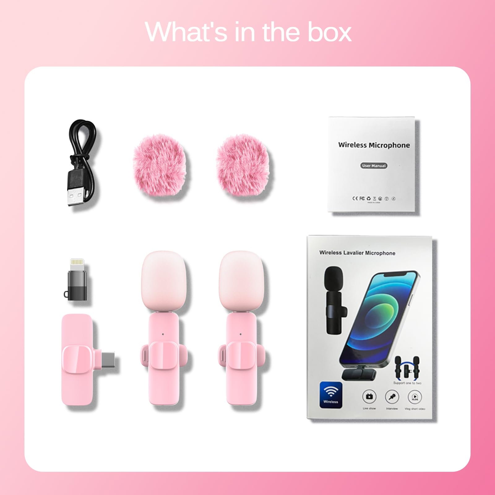 HONGJIEYUAN Pink Wireless Lavalier Microphone for iPhone & Android - Mini Clip-On Mic with Noise Cancellation, 65ft Range, 8H Battery, USB-C/Lightning - for TikTok, YouTube, Podcast, Live Streaming