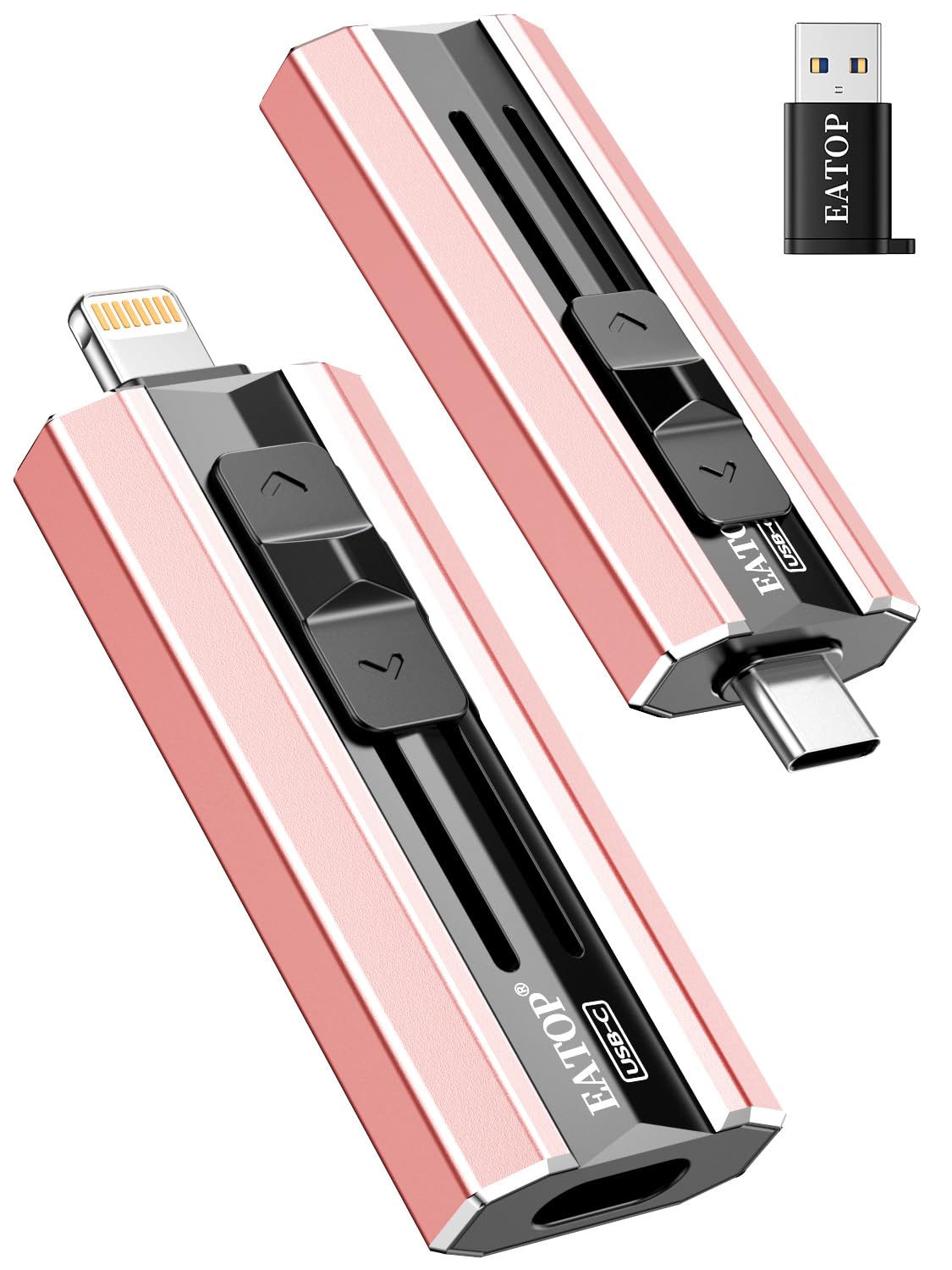 EATOP 256GB Dual Interface Flash Drive, No App Required, Portable USB Storage Memory Stick for iPhone, iPad, Android, PC & Mac – Easily Stores Photos, Videos & Files (Light Pink)