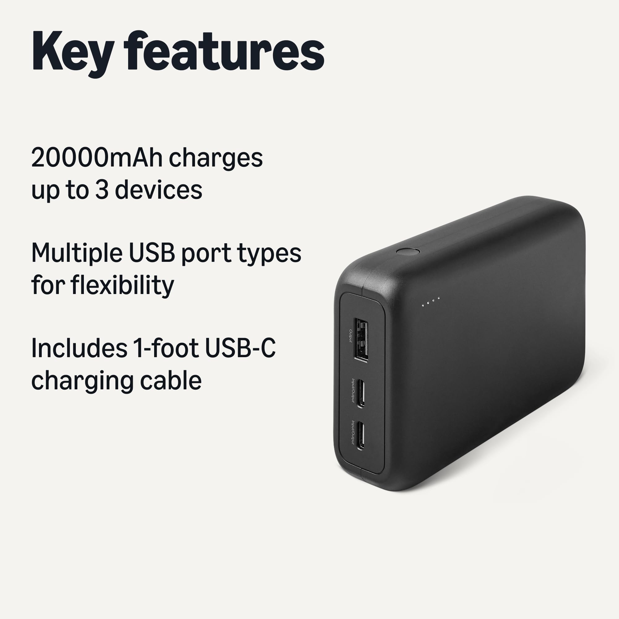 Amazon Basics High-Capacity Portable Charger Power Bank with 3-Port Output, 20,000 mAh, Black