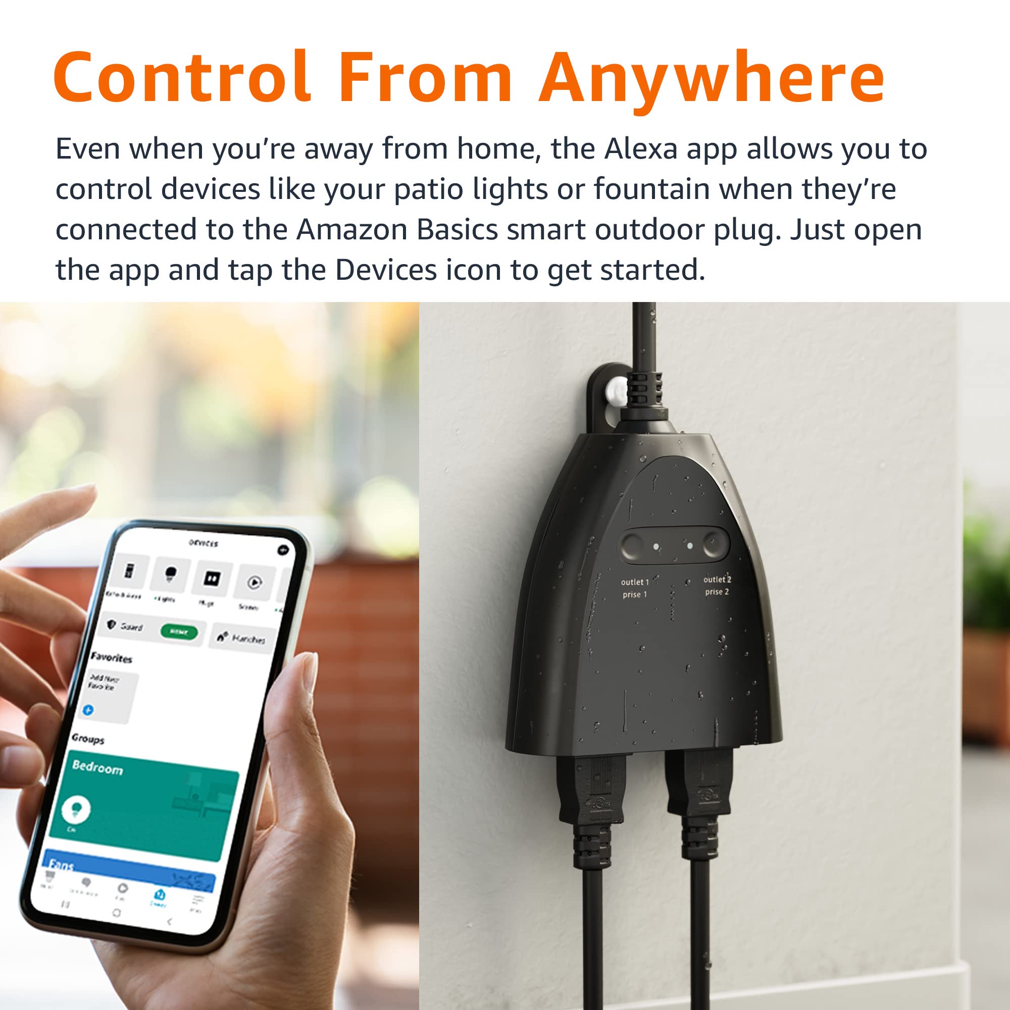Amazon Basics Outdoor Smart Plug with 2 Individually Controlled Outlets, Works with Alexa Only, Voice Control, Weather Resistant, 2.4 GHz Wi-Fi, No Hub Required, Black