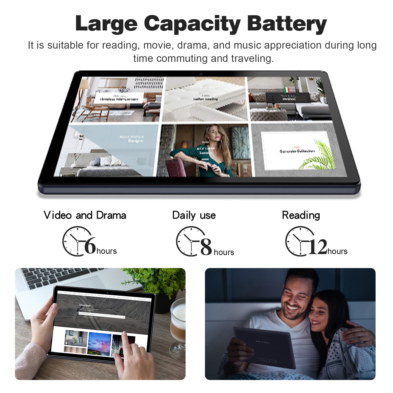 PRITOM Tablet 10 inch, 64GB, Tablet Android, HD IPS Screen, Dual Camera, WiFi, Bluetooth, Tablets with 6000mAh Battery, Touch10 Tab GMS Certified (Black)