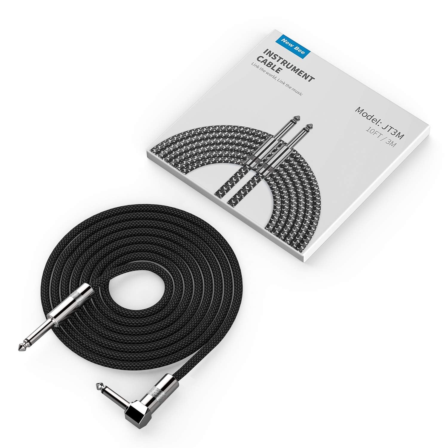New Bee Guitar Cable 10ft Electric Instrument Bass AMP Cord for Electric Mandolin, Pro Audio (Right Angle to Straight, Black)