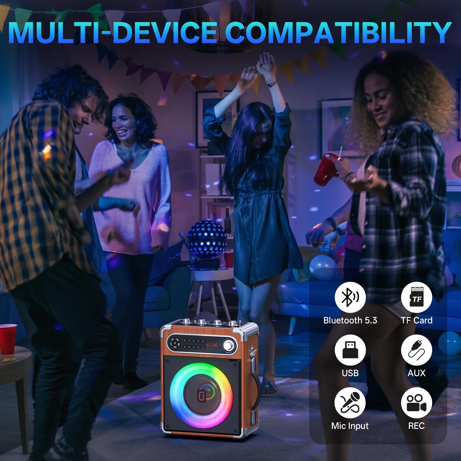 JYX Karaoke Machine, 2 Wireless Microphones, Portable Bluetooth 5.3 PA Speaker with Disco Lights, Smart TV Compatible, Upgraded Subwoofer, Bass Boost & Echo, TF/USB/AUX/FM, Home & Outdoor Party