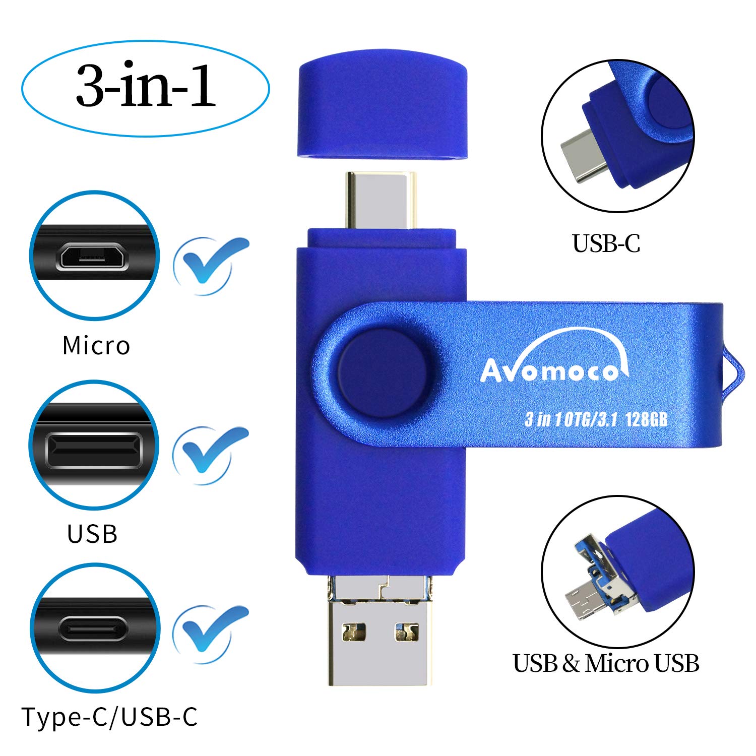 Flash Drive for iPhone 15/16/17, AVOMOCO 3.1 128GB 3 in1 High Speed Photo Backup wtih Type C/USB-C Port,Photo-Stick-for Android Phones with OTG Function
