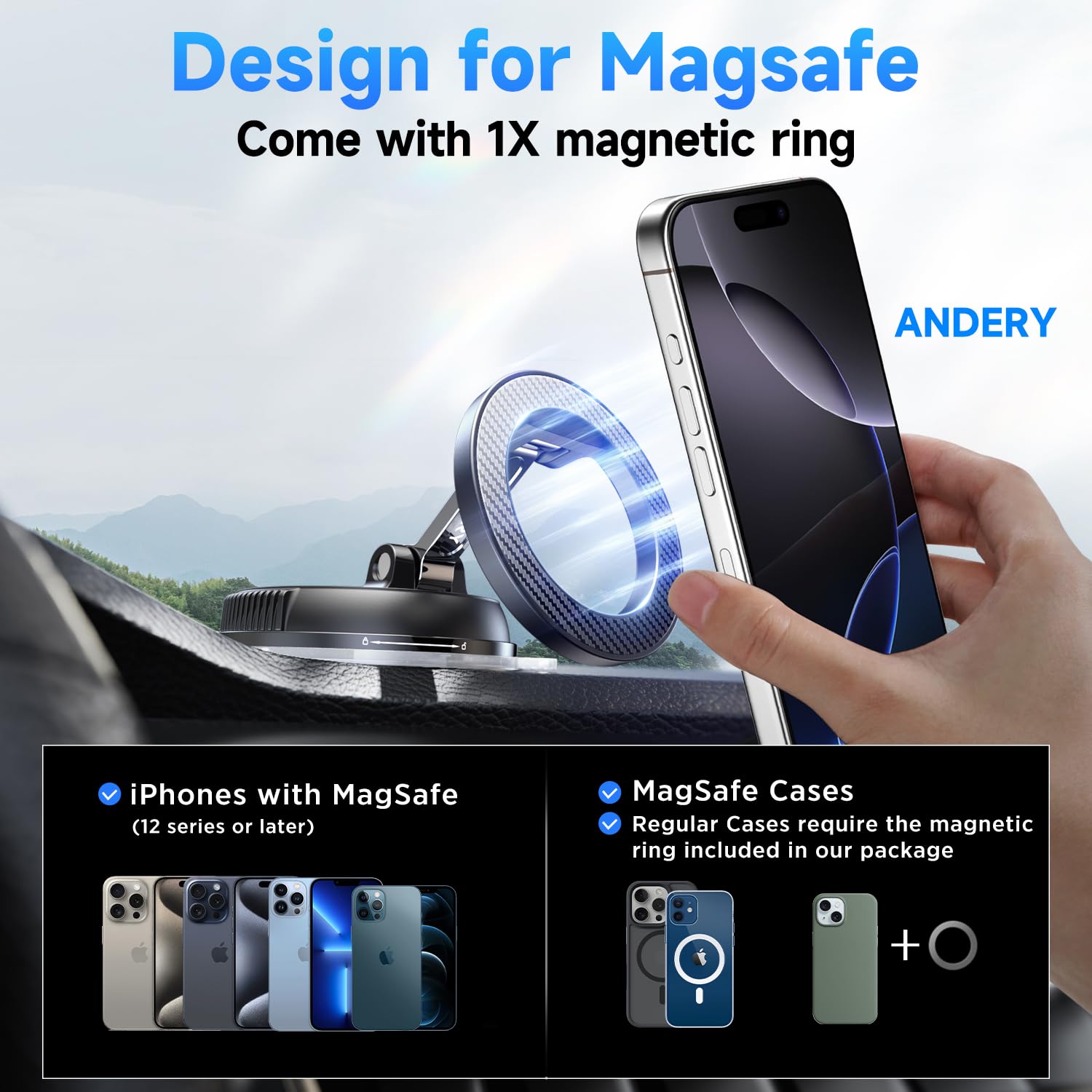 ANDERY Car Phone Holder for Magsafe [78+LBS Strongest Suction & 2400gf Strongest Magnetic] 360° Adjustable Car Phone Mount, Phone Holders for Your Car for iPhone 17-12 Pro Max Air Plus (Carbon Fiber)
