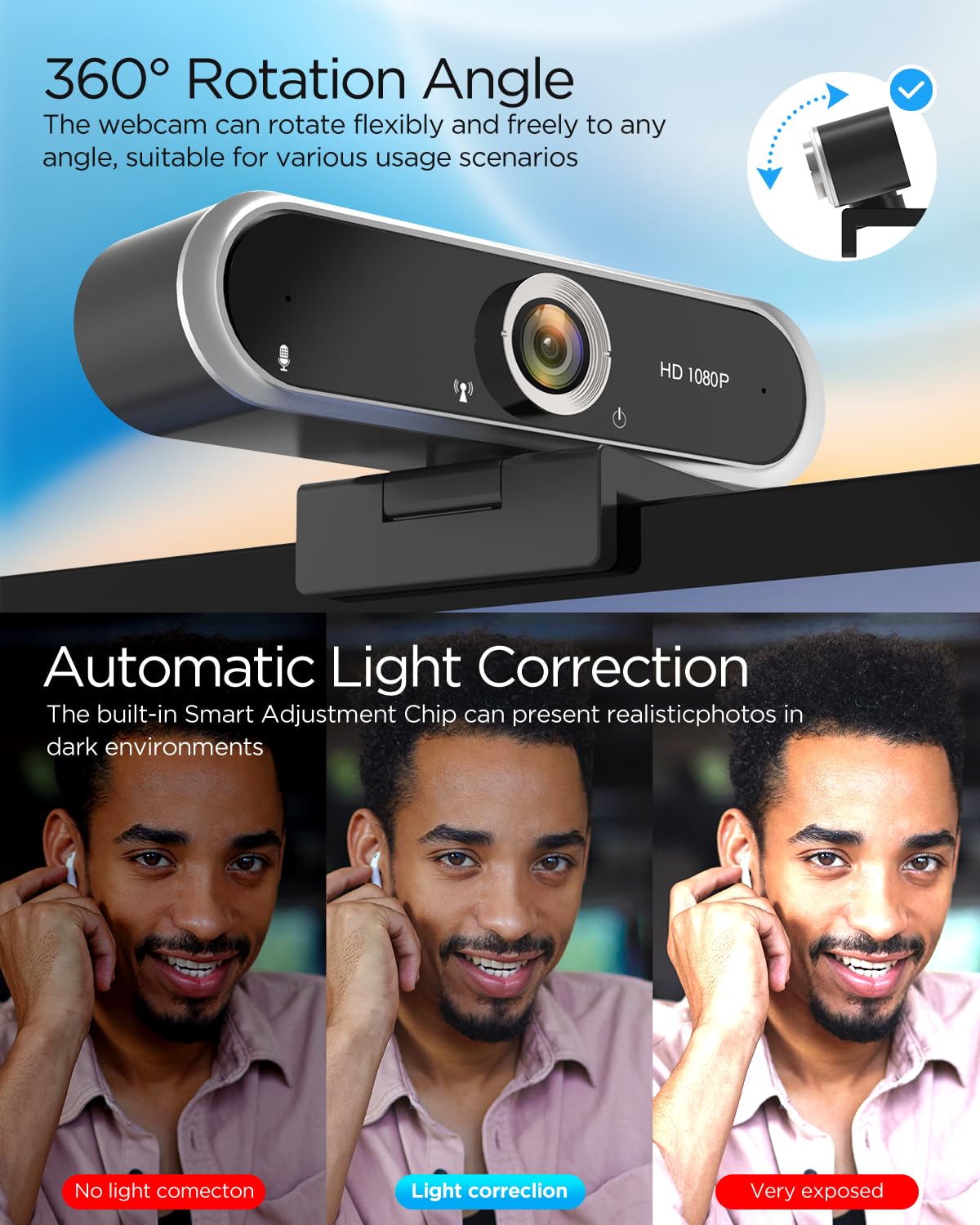 NIVEOLI Webcam 1080P with Microphone & Privacy Cover for PC/Laptop, USB Computer Camera Plug & Play with Auto Light Correction for Video Calls, Live Streaming Gaming & Online Meetings