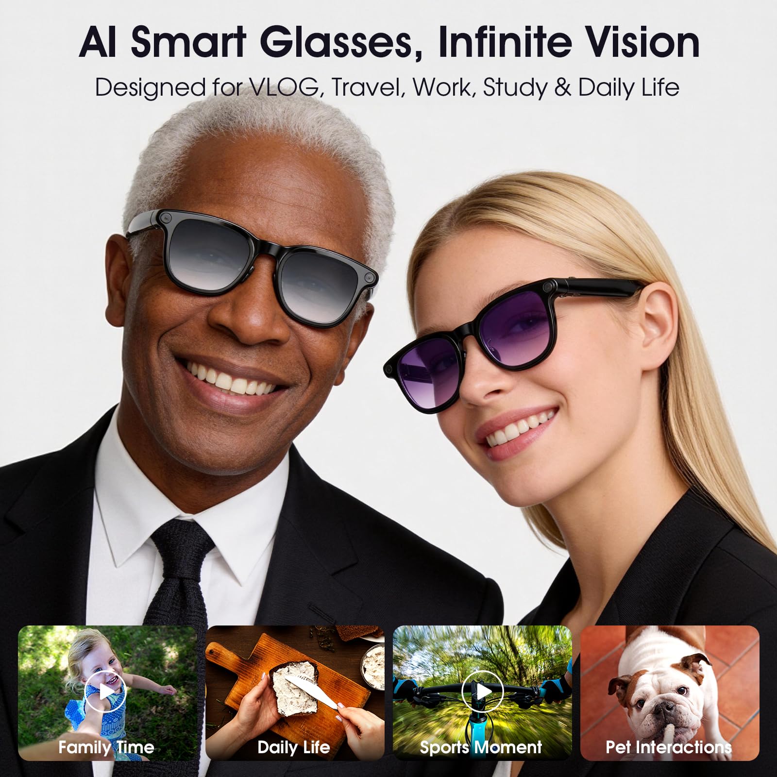 AI Smart Glasses with Camera, 8MP Camera Glasses, 4K HD Video Recording Glasses, AI Sunglasses with Cameras, 3 Lenses, Bluetooth Glass,Real Time Translation, ChatGPT AI Voice Assistant, Open-Ear Audio