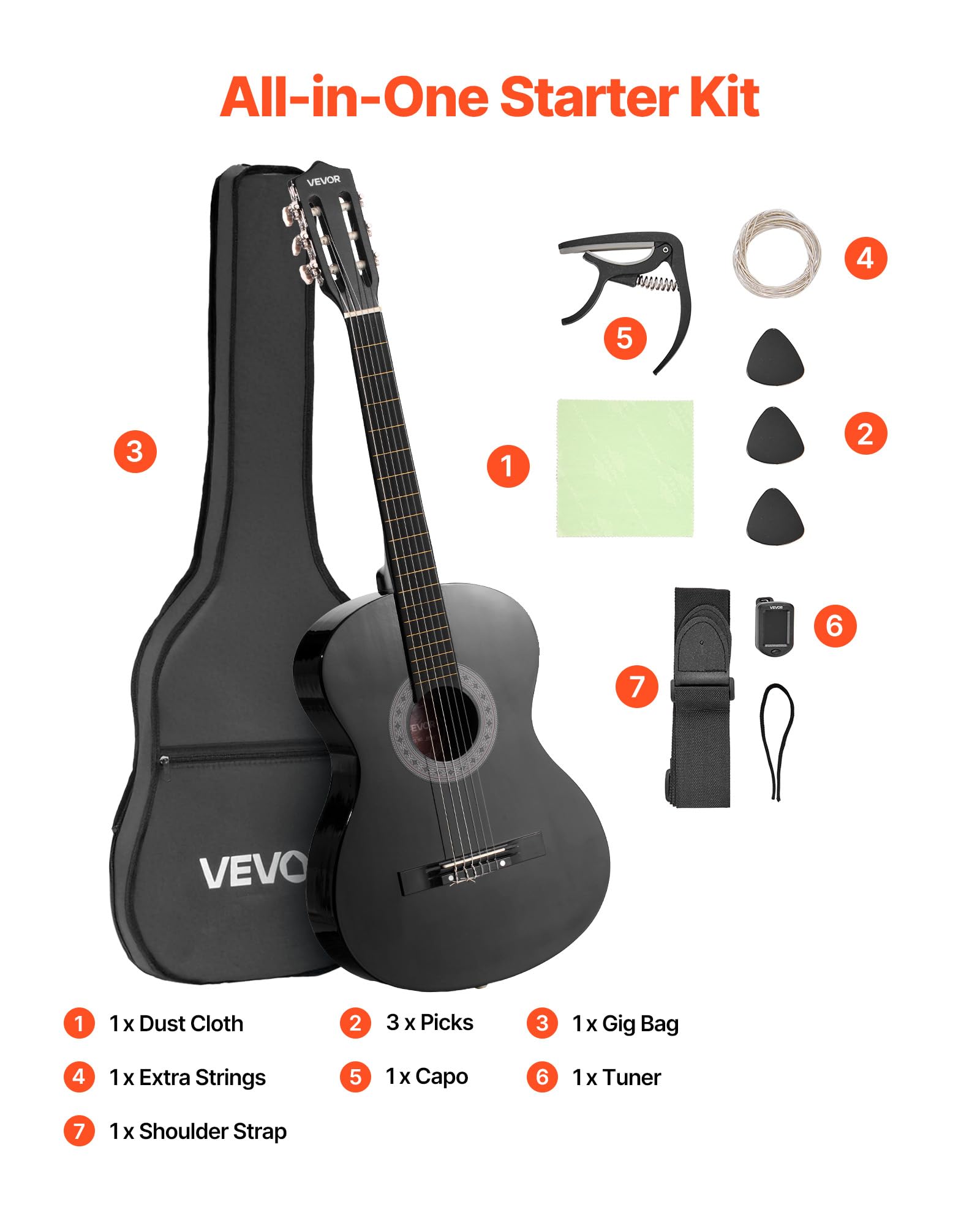 VEVOR 38 Inch Beginner Acoustic Guitar, Classical Guitar Full Starter Kit with Nylon Strings, Gig Bag, Strap, Tuner, Extra Strings, Pick, Capo, for Teenagers Adults Students Youth, Black