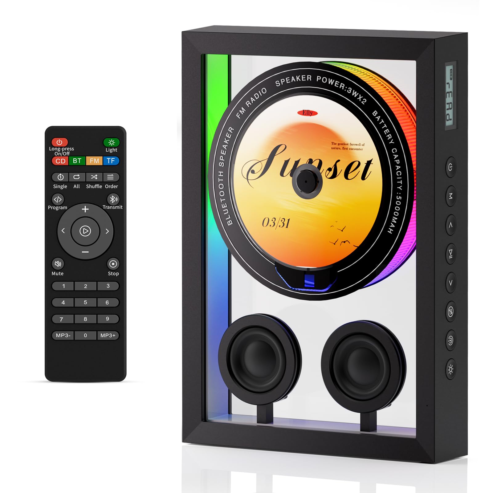 Vertical CD Player with Bluetooth 5.3，,HiFi Speakers CD Player for Wall Home with FM Redio/Remote Control/RGB Light/TF Card/AUX Supported，5000mAH Battery Rechargeable Music Player