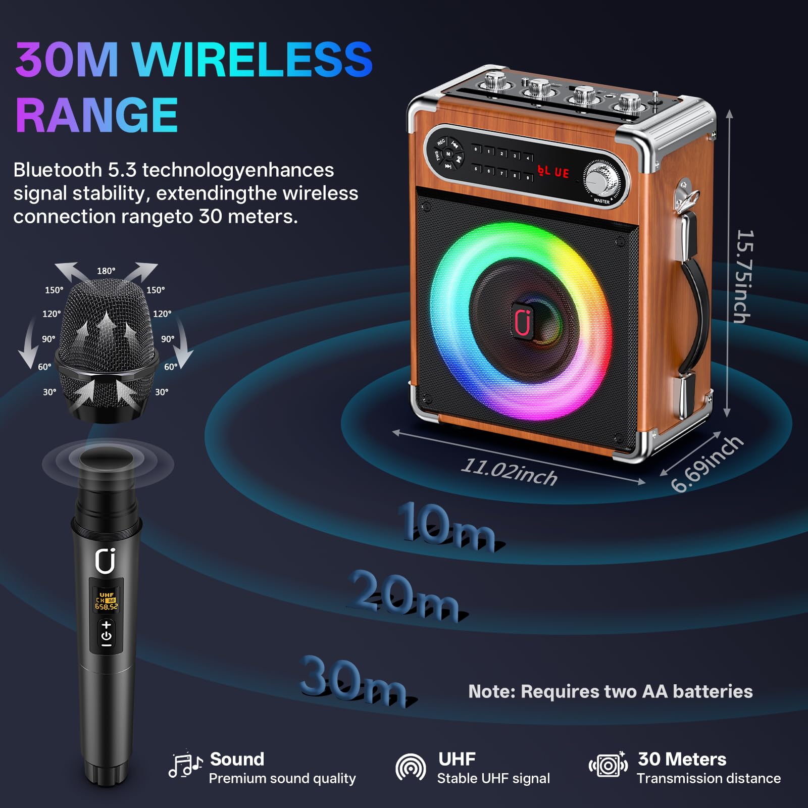 JYX Karaoke Machine, 2 Wireless Microphones, Portable Bluetooth 5.3 PA Speaker with Disco Lights, Smart TV Compatible, Upgraded Subwoofer, Bass Boost & Echo, TF/USB/AUX/FM, Home & Outdoor Party