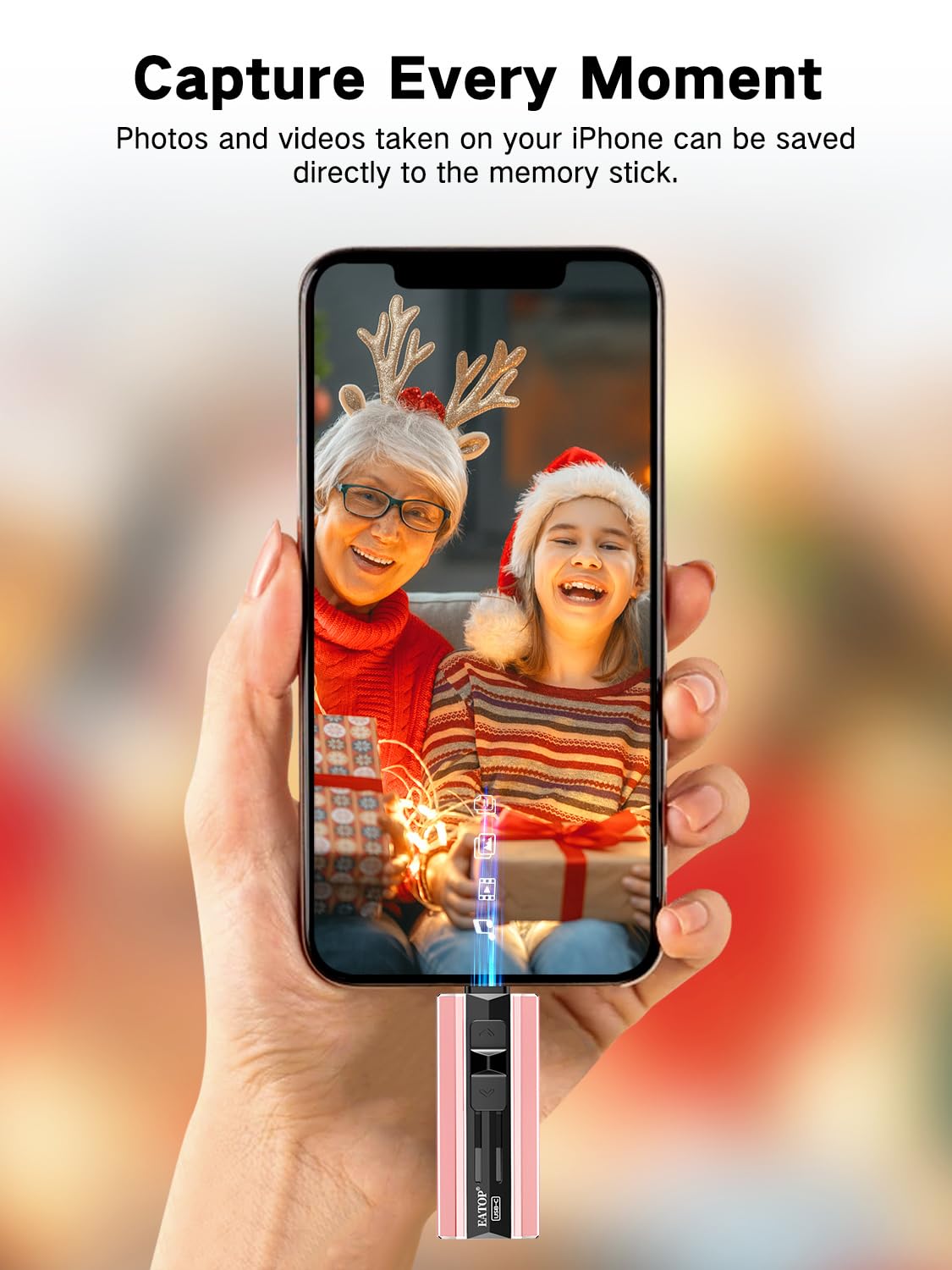 EATOP 256GB Dual Interface Flash Drive, No App Required, Portable USB Storage Memory Stick for iPhone, iPad, Android, PC & Mac – Easily Stores Photos, Videos & Files (Light Pink)