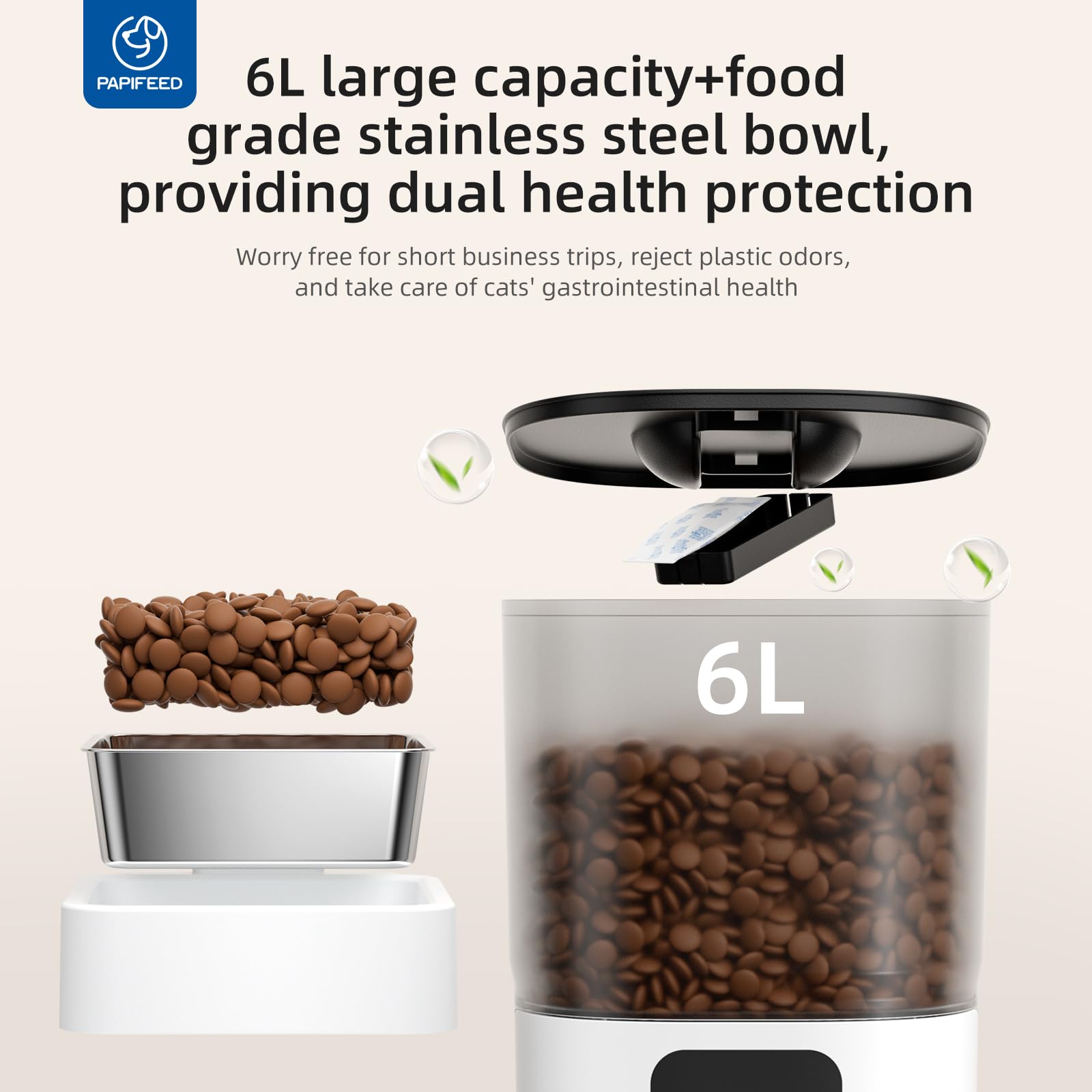 PAPIFEED Smart Automatic Cat Feeders Pet Feeder : WiFi Pet Feeder with APP Control for Remote Feeding, Detachable for Easy Clean,Stainless Steel Bowl,1-10 Meals Per Day for Dog (6L/25Cup)