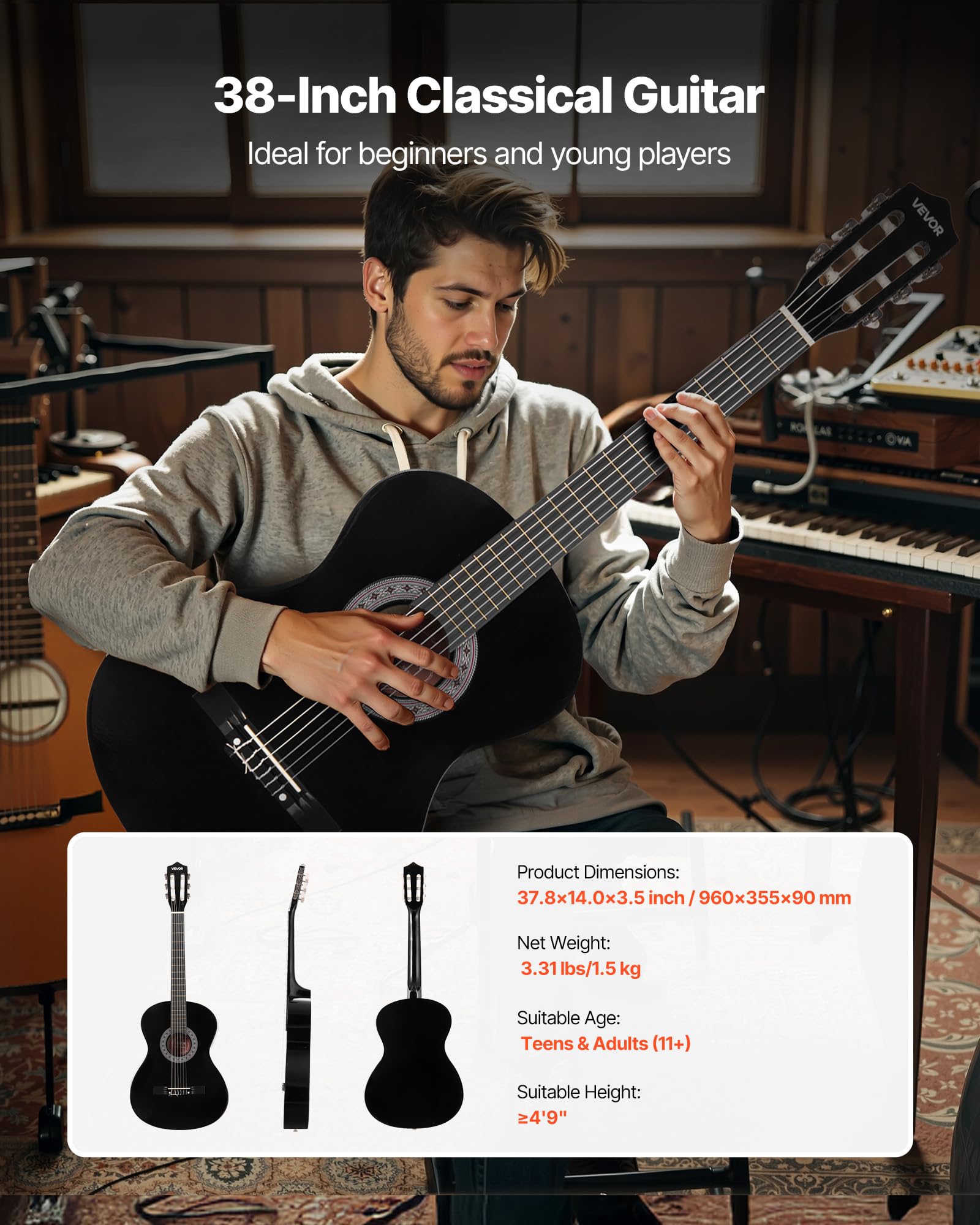 VEVOR 38 Inch Beginner Acoustic Guitar, Classical Guitar Full Starter Kit with Nylon Strings, Gig Bag, Strap, Tuner, Extra Strings, Pick, Capo, for Teenagers Adults Students Youth, Black