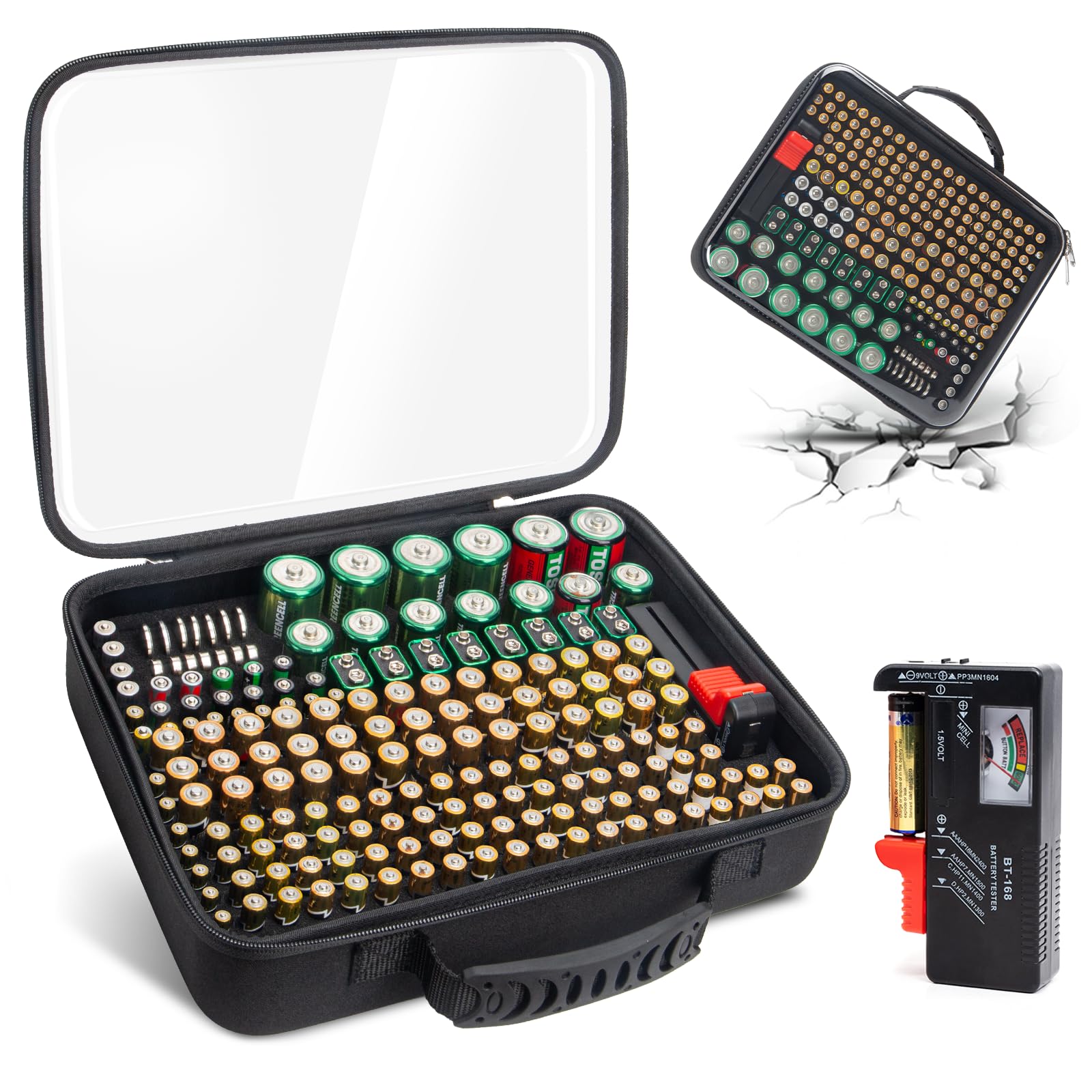 Battery Organizer Storage Case with Tester, Hardshell Portable Checker Carrying Case Holds Batteries AA AAA AAAA C D 9V, Battery Organizer Storage Box (Clear Hold 200+ Cell)