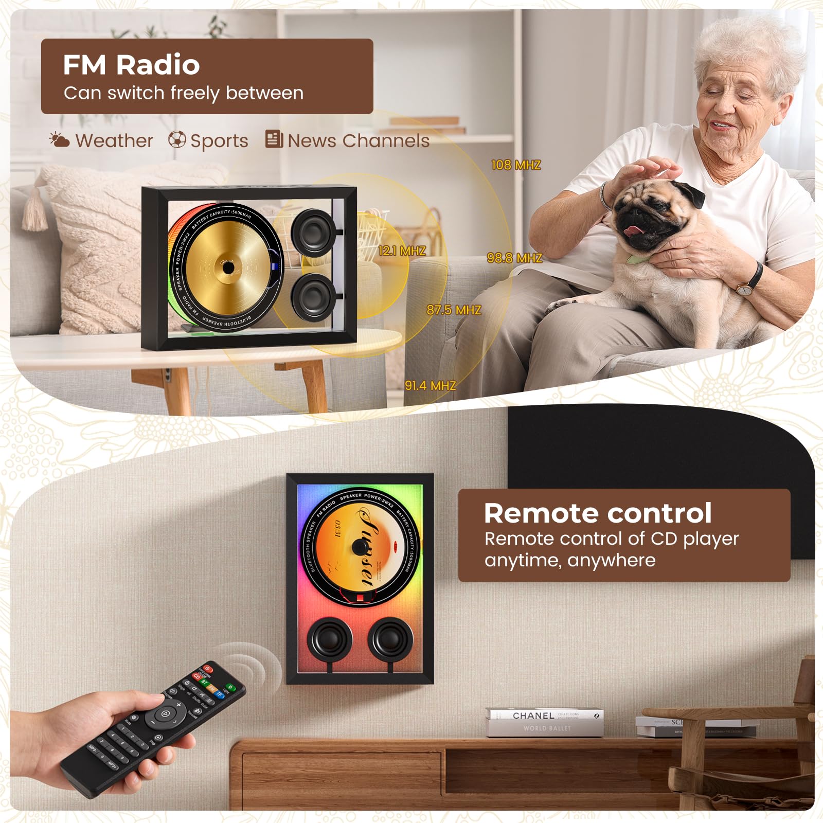Vertical CD Player with Bluetooth 5.3，,HiFi Speakers CD Player for Wall Home with FM Redio/Remote Control/RGB Light/TF Card/AUX Supported，5000mAH Battery Rechargeable Music Player