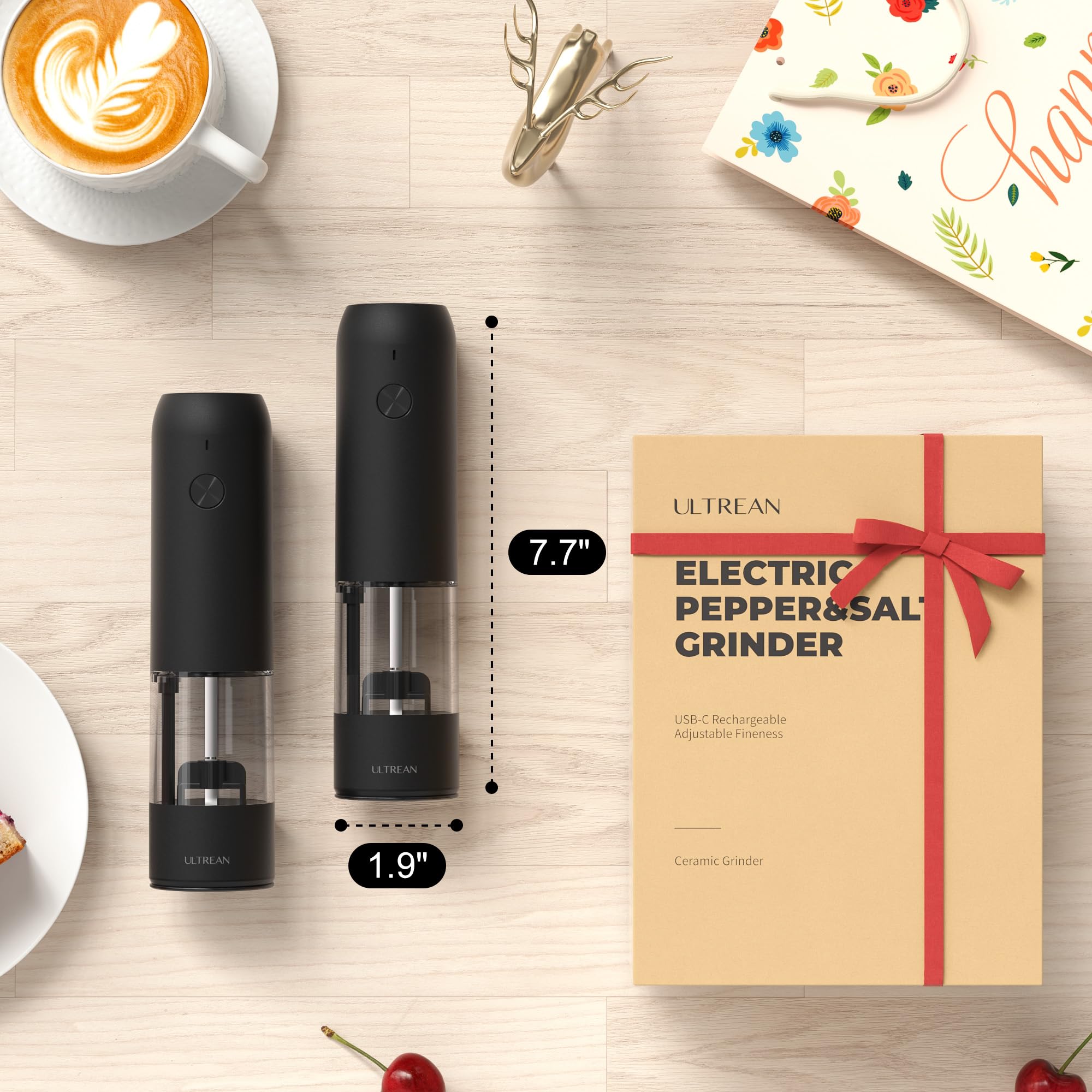 Ultrean Pepper Grinder, Rechargeable Salt and Pepper Grinder with 6 Adjustable Coarseness, LED Light, Automatic Grinder for Kitchen, Home and Kitchen Appliances Birthday Gifts for Women, Black