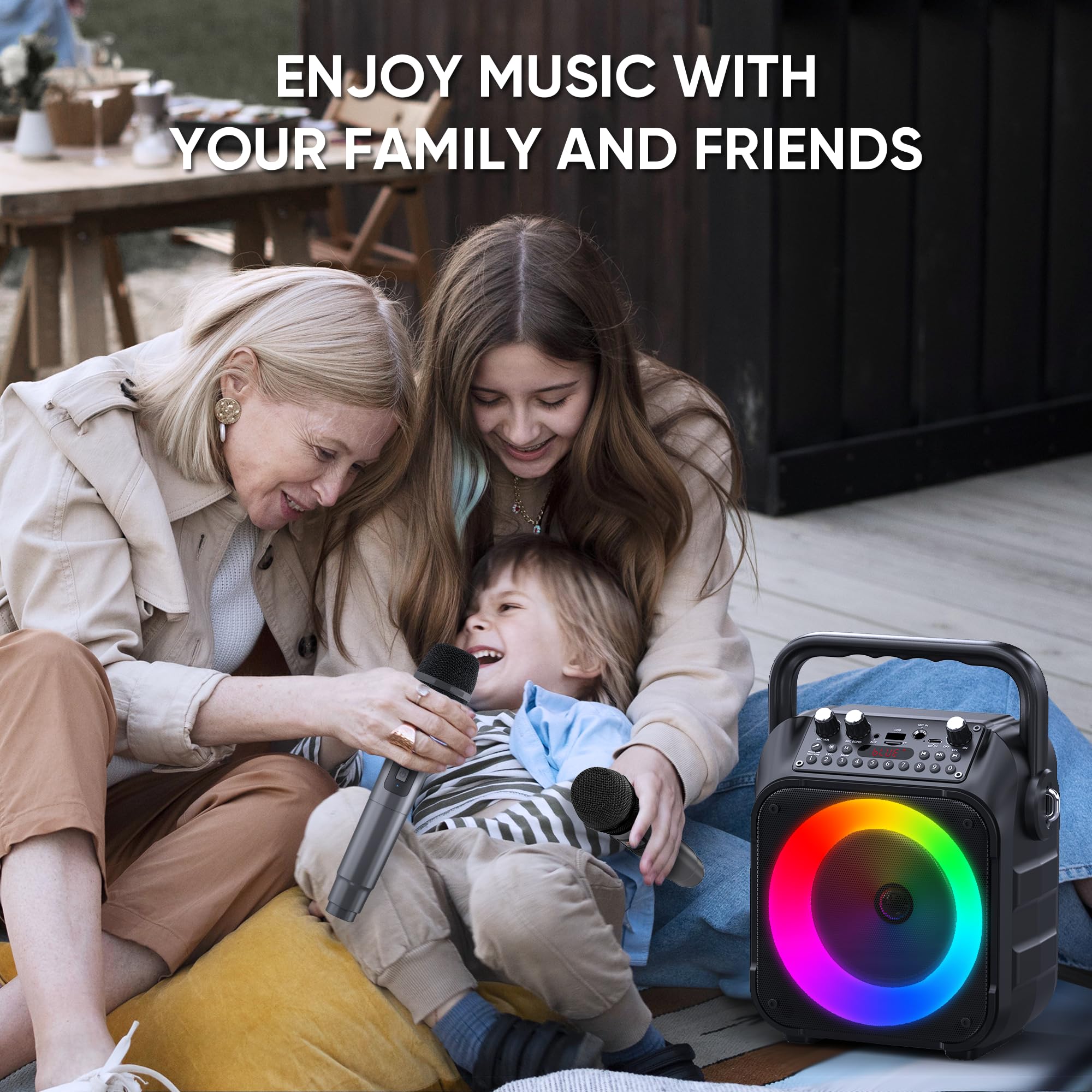 Karaoke Machine, Portable Bluetooth Speaker with 2 Wireless Microphones for Adults & Kids with Lights, Karaoke Microphone with PA System Supports USB/TF/REC/FM/AUX for Home Party Home System Packages