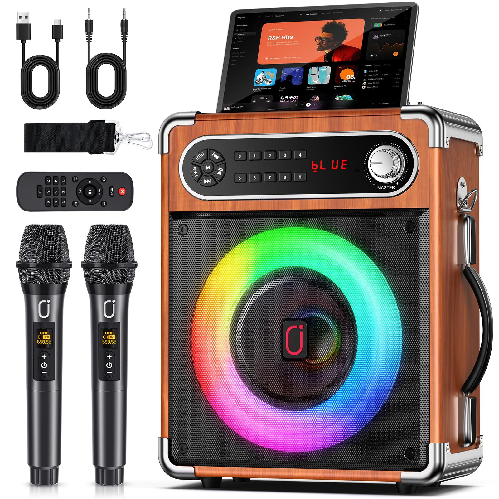 JYX Karaoke Machine, 2 Wireless Microphones, Portable Bluetooth 5.3 PA Speaker with Disco Lights, Smart TV Compatible, Upgraded Subwoofer, Bass Boost & Echo, TF/USB/AUX/FM, Home & Outdoor Party