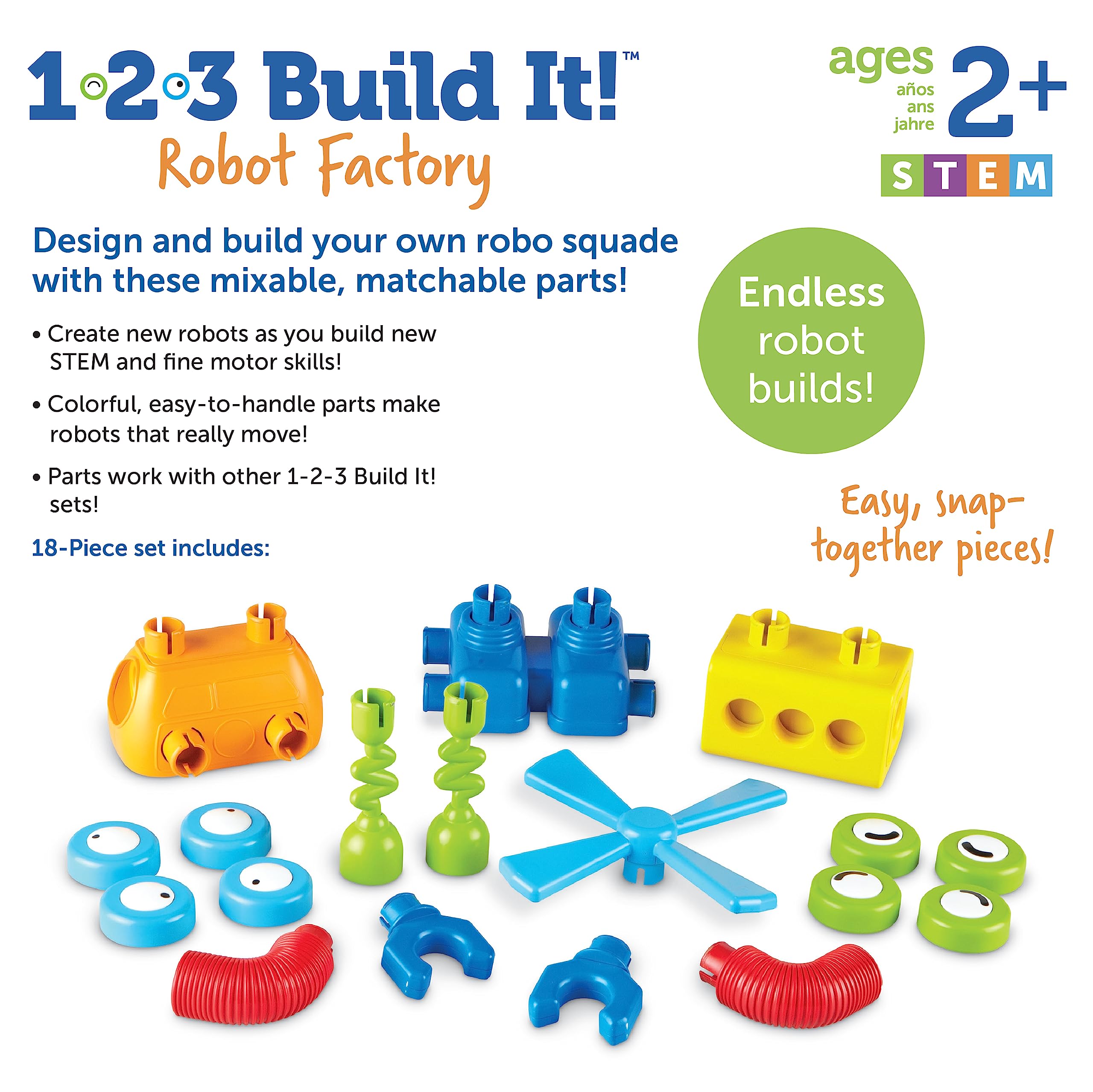 Learning Resources 1-2-3 Build It Robot Factory - Building Robots for Kids, Robot STEM Toys, Kids Engineering Toys, Toddler STEM Activity, Robots Building Kit