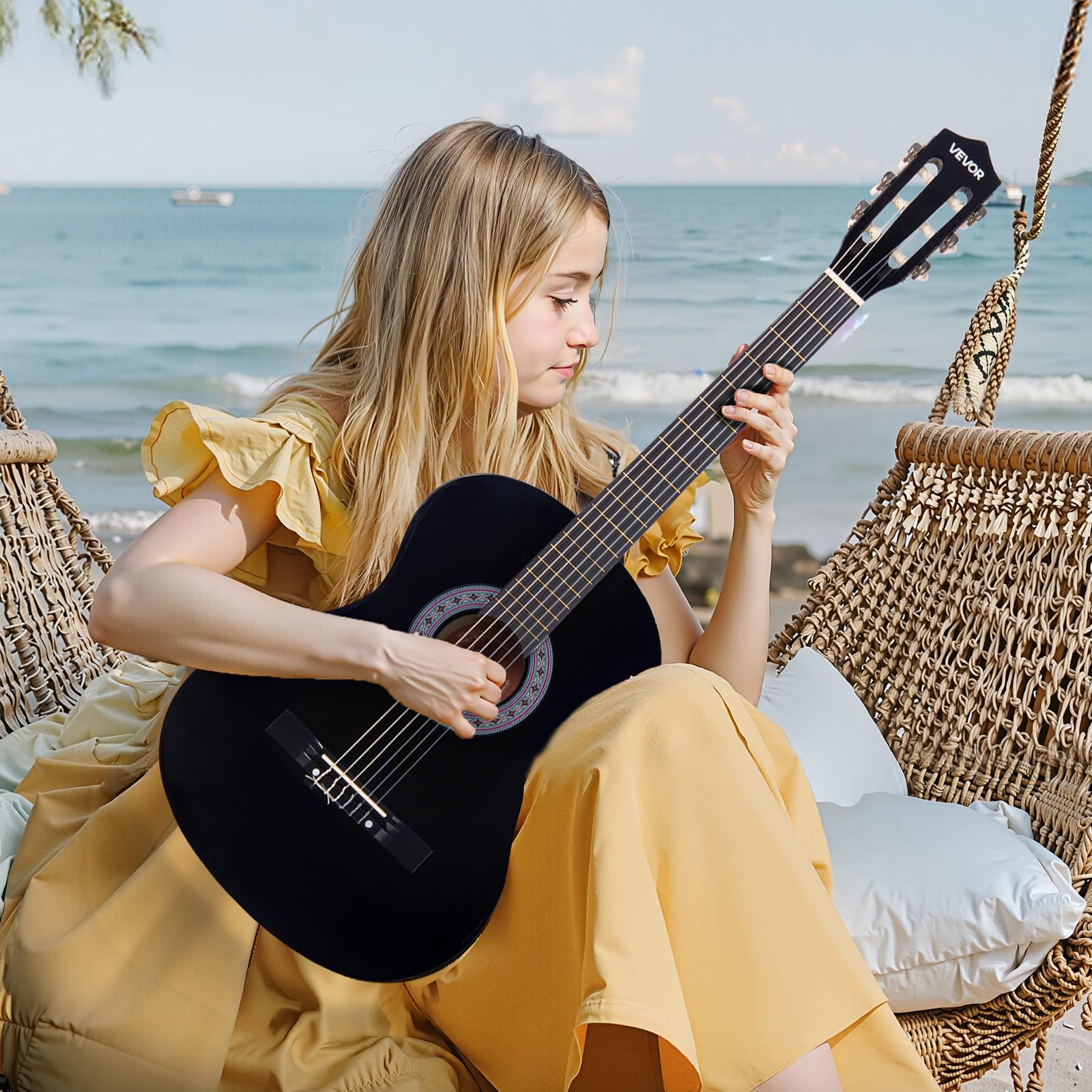 VEVOR 38 Inch Beginner Acoustic Guitar, Classical Guitar Full Starter Kit with Nylon Strings, Gig Bag, Strap, Tuner, Extra Strings, Pick, Capo, for Teenagers Adults Students Youth, Black