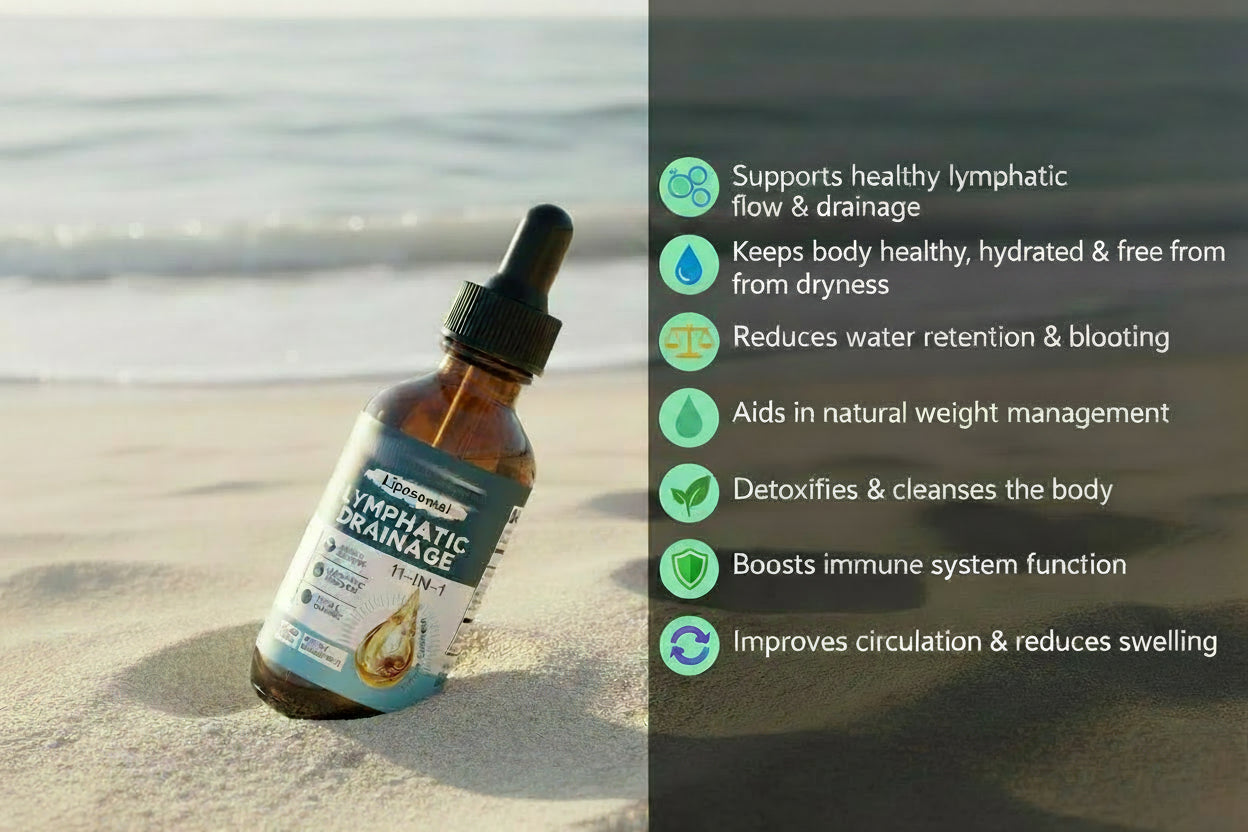 Liposomal Lymphatic Drainage supplement bottle and packaging on a white background