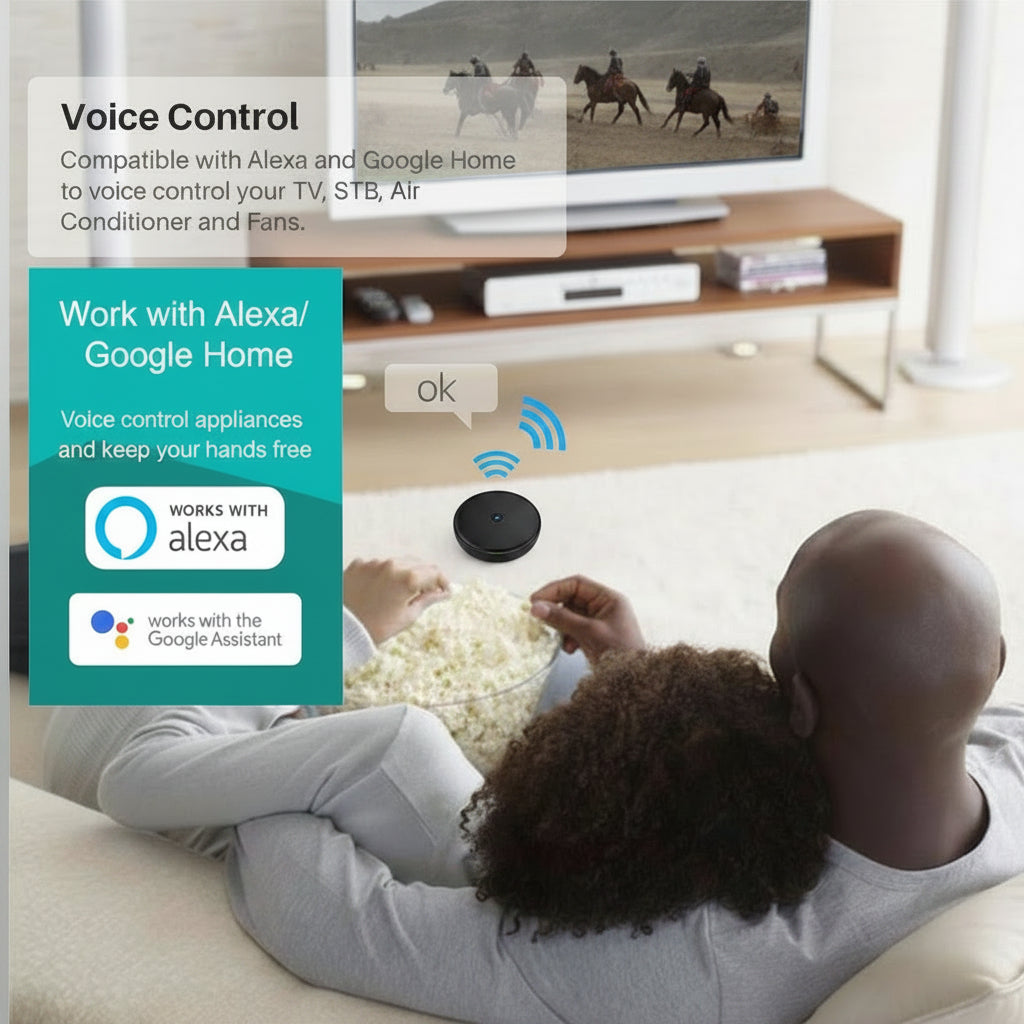 Two people sitting on a couch with popcorn, using a voice-controlled device to turn on the TV.