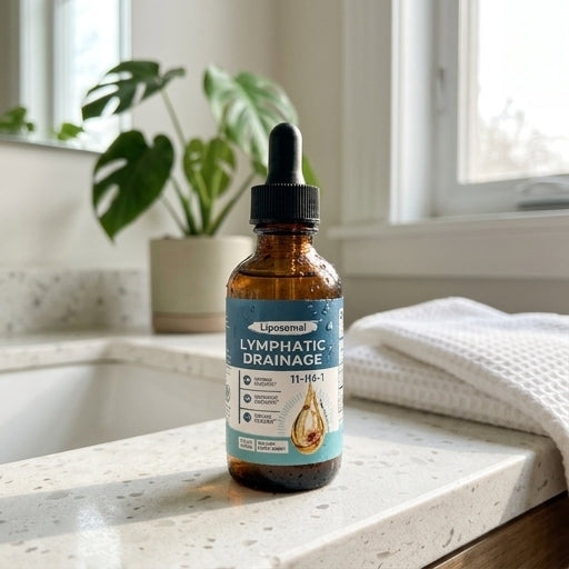 An amber glass dropper bottle of Lymphosomal 11-HG-1 lymphatic drainage supplement, set on a speckled white countertop in a bright bathroom with a potted plant and white towel in the background.