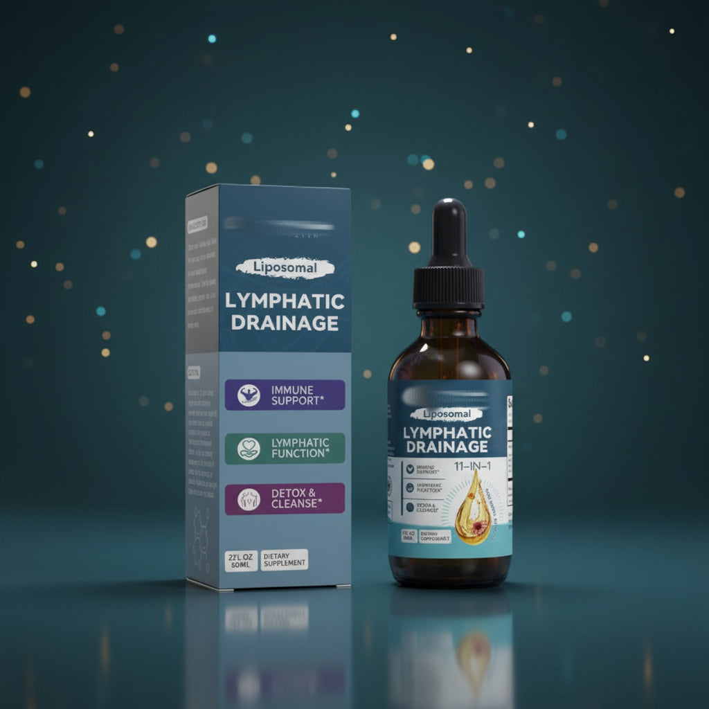 Liposomal Lymphatic Drainage supplement bottle and packaging on a white background