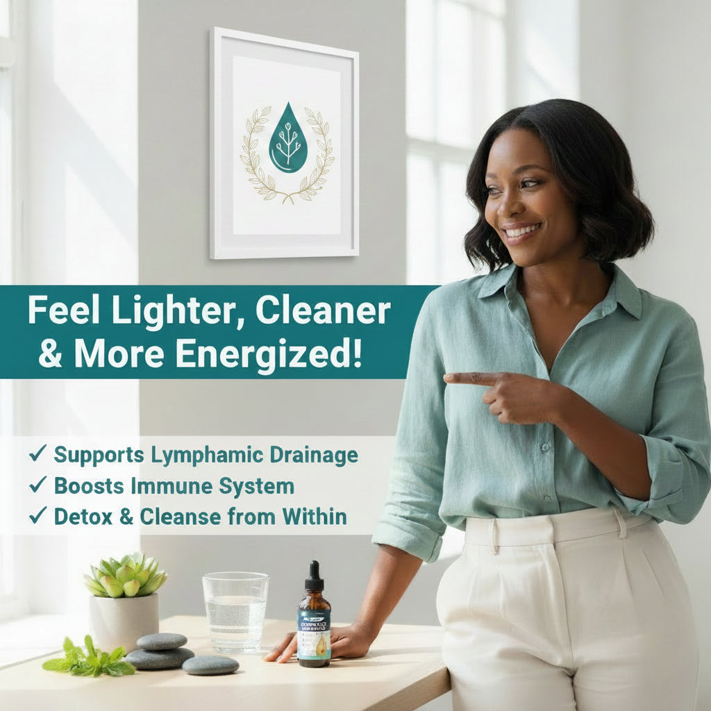 Liposomal Lymphatic Drainage supplement bottle and packaging on a white background