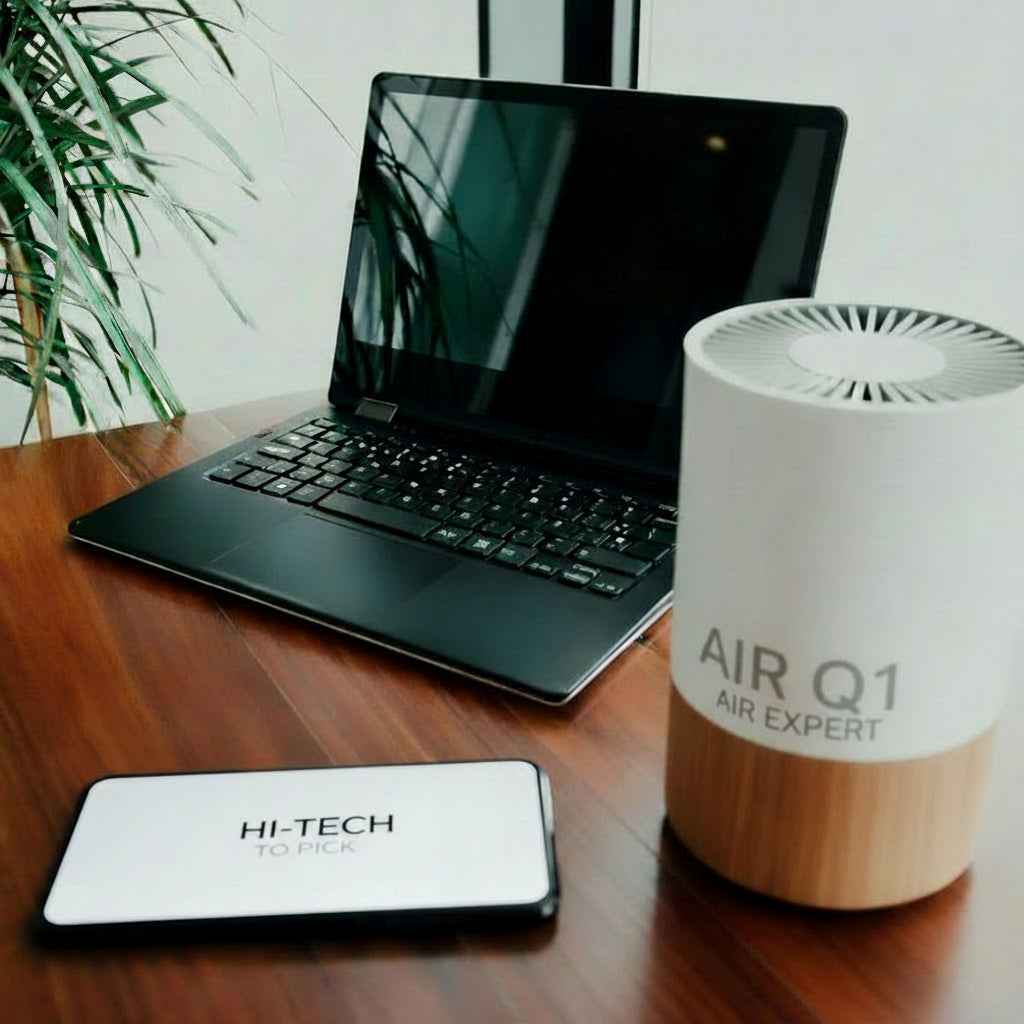 Smart air purifier on a desk with a laptop and phone
